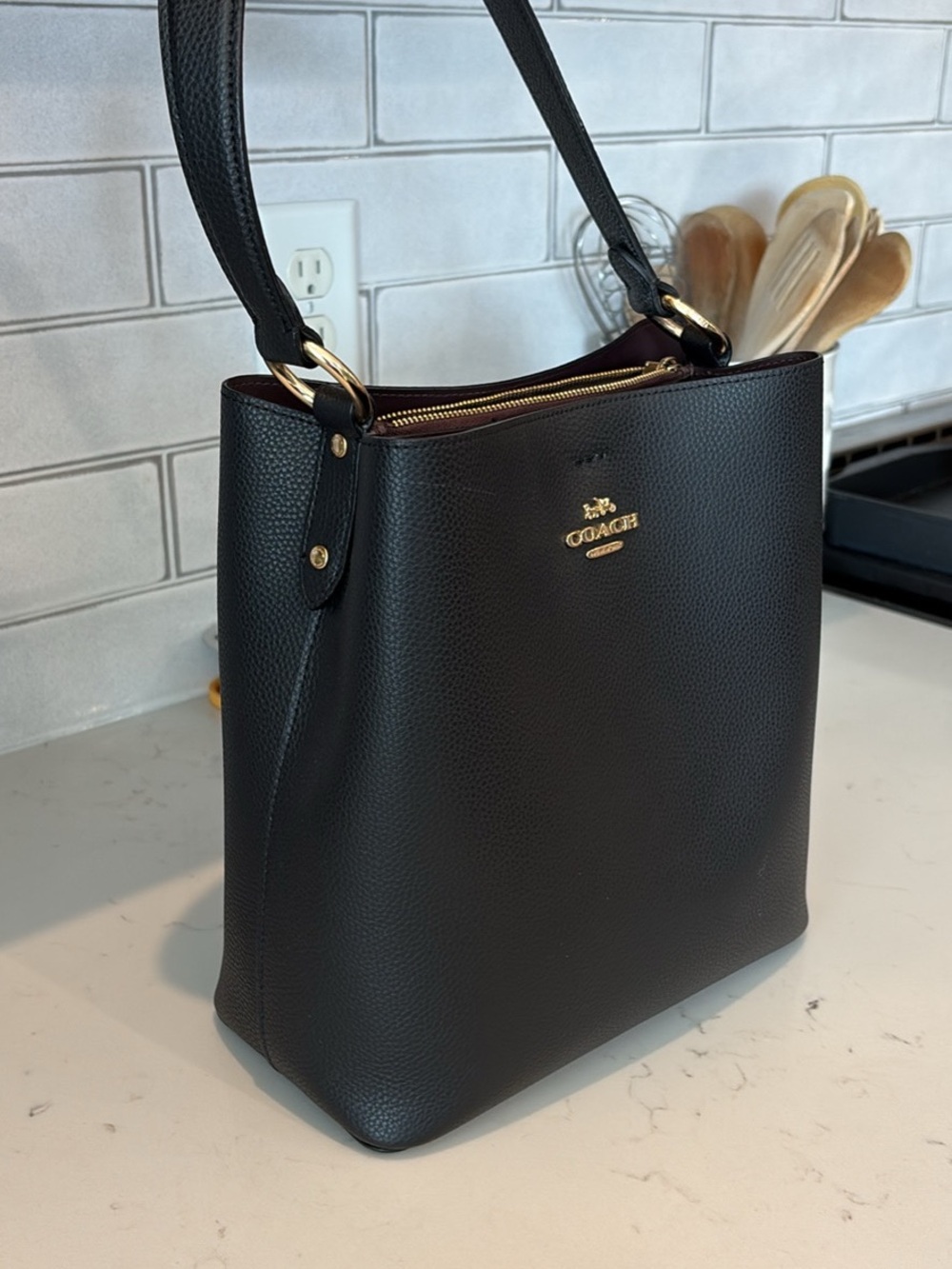 Coach Black Pebbled Leather Bucket Shoulder Bag with Gold Hardware